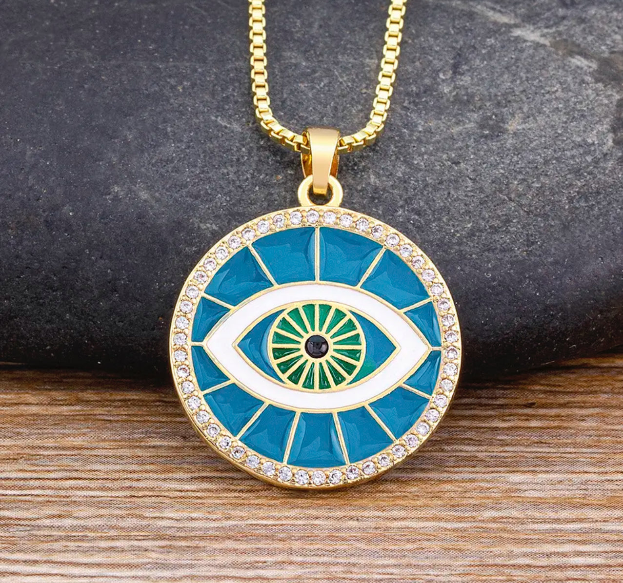 Necklace black or green round third eye gold plated