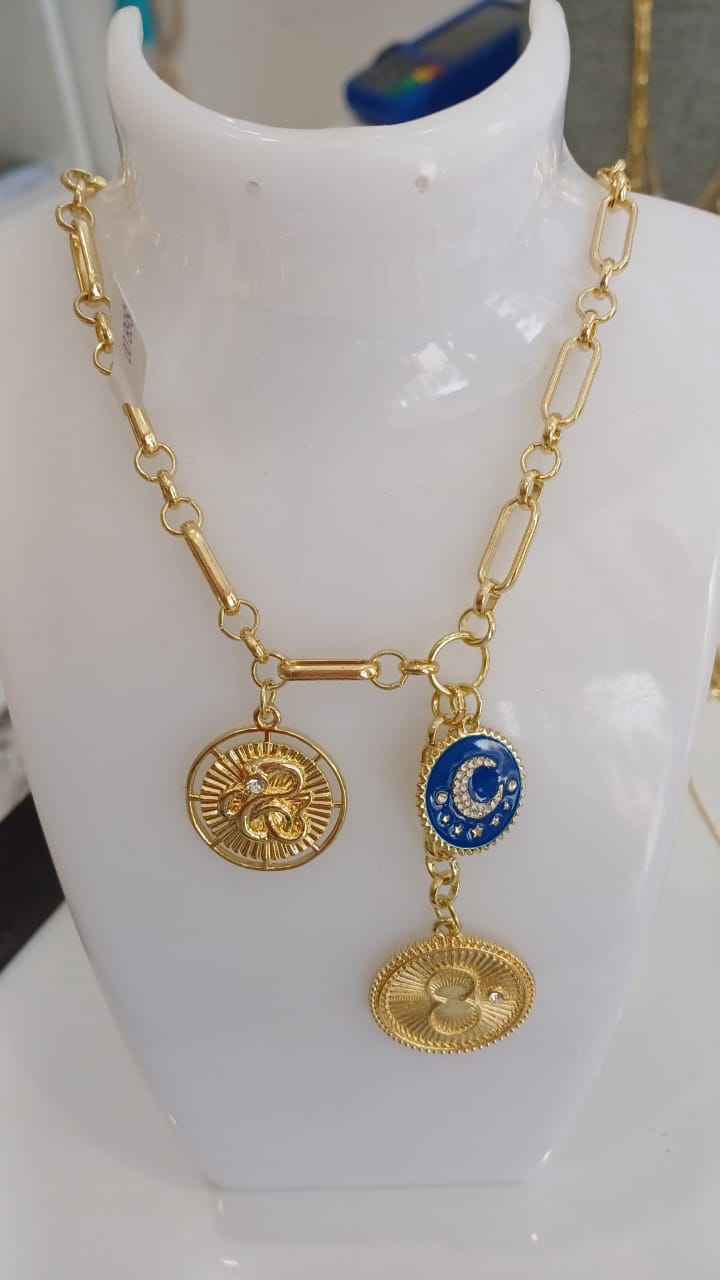 Necklace gold plated 3 pendants blue