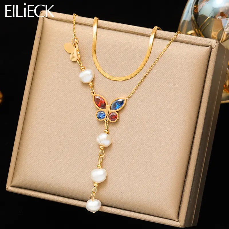 Necklace doble layer pearl butterfly