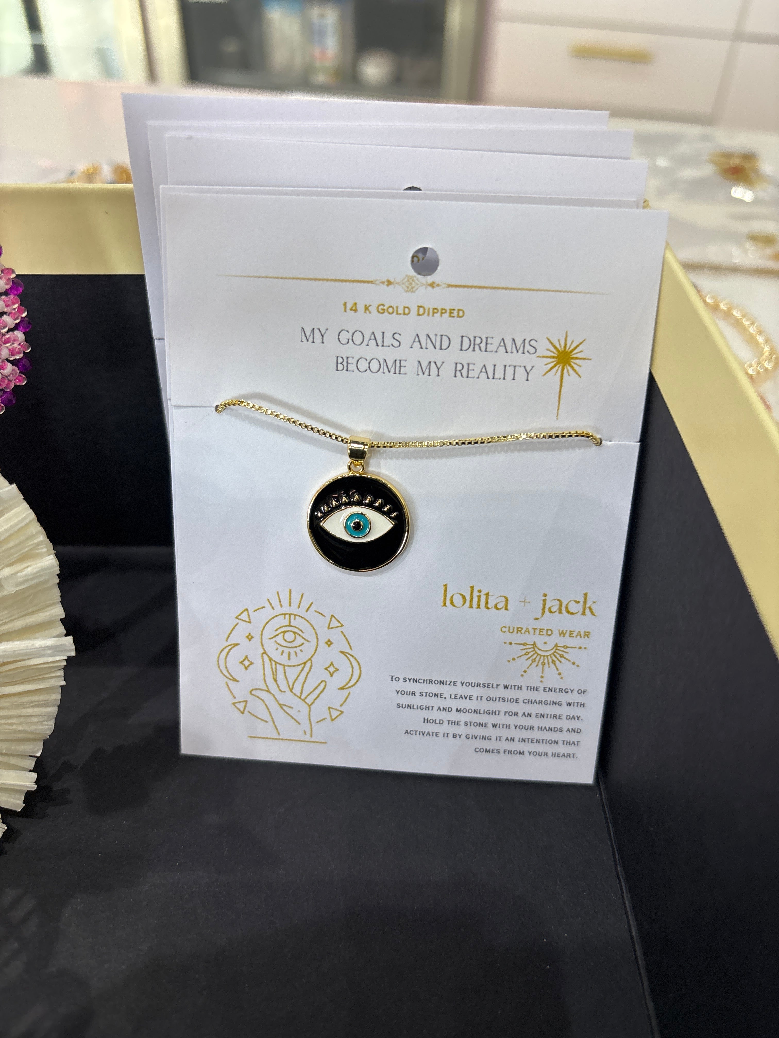Necklace black round evil eye