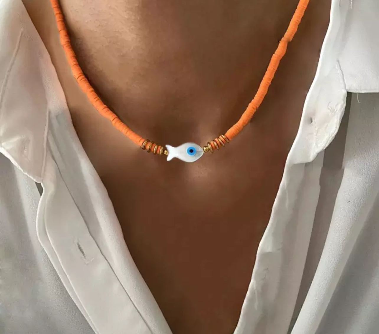 Necklace puka orange evil eye