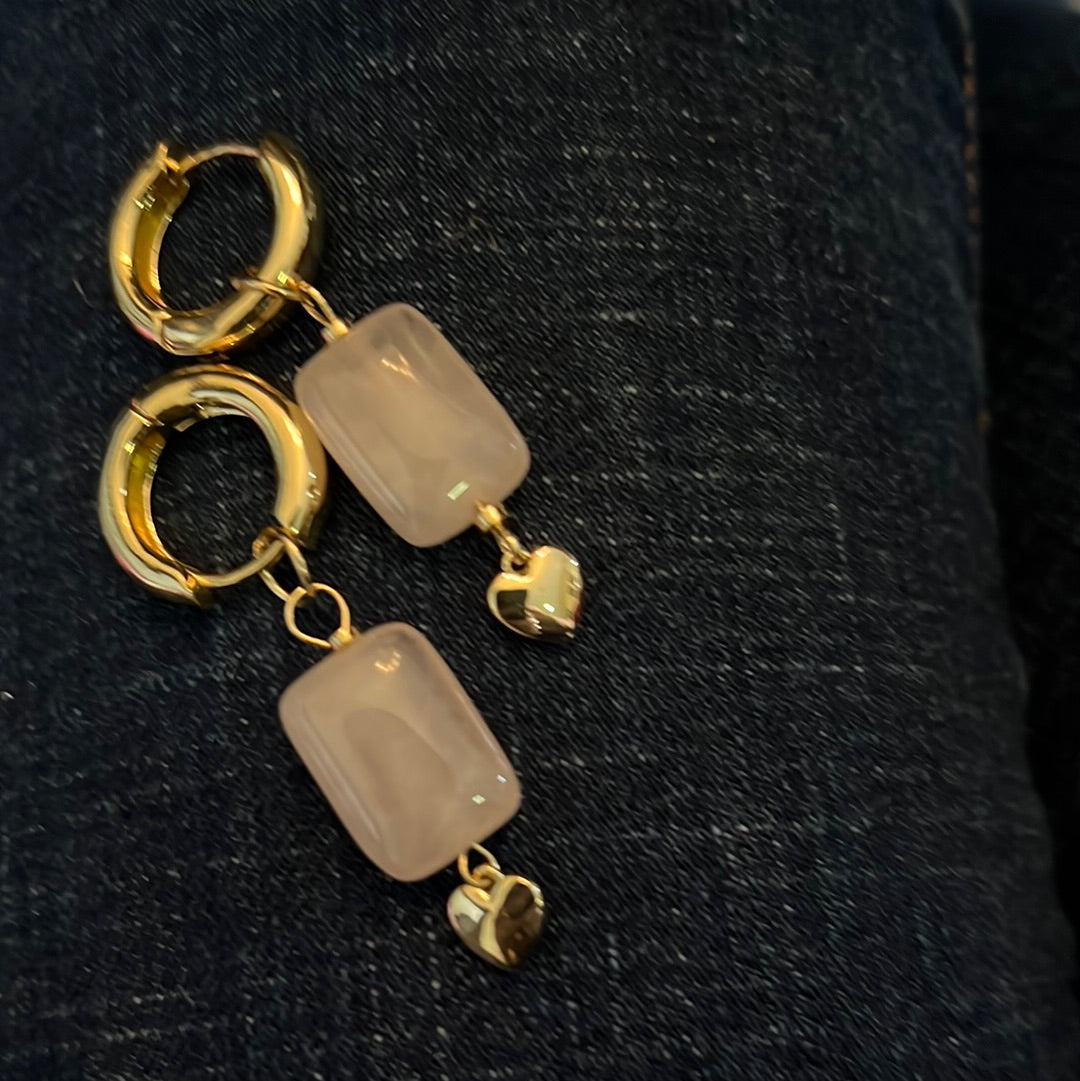 Earrings rose quartz gold plated heart