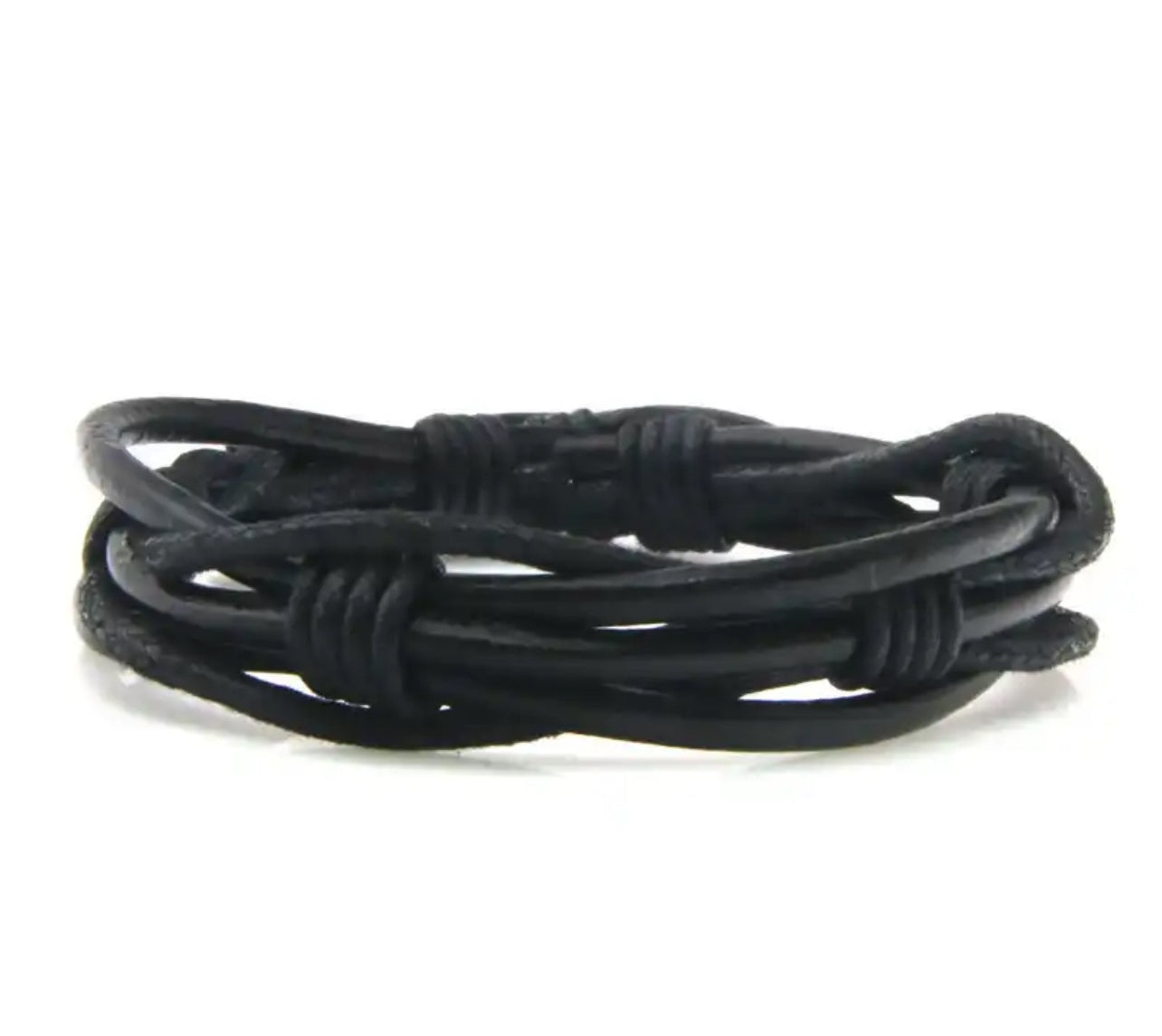 Men bracelet black leather strings