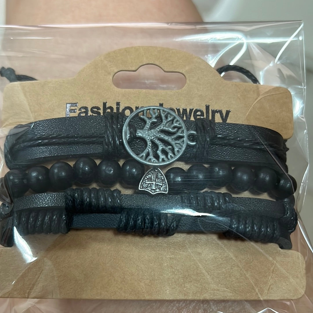 Men bracelet 4 pieces adjustable black leather