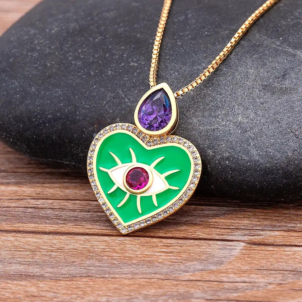 Necklace green Heart purple third eye