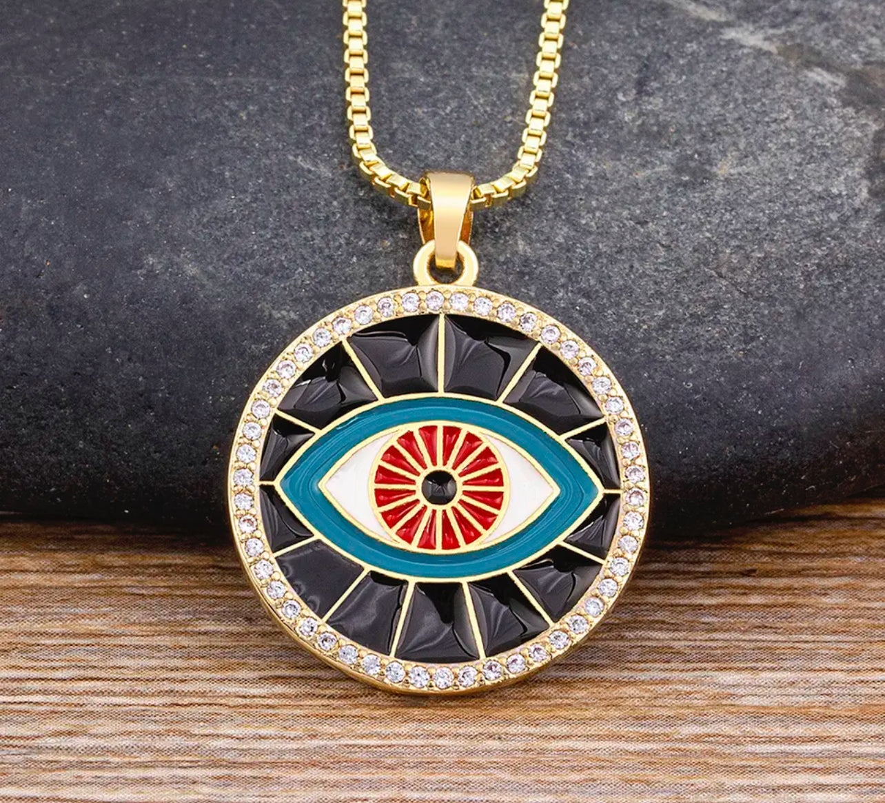 Necklace black or green round third eye gold plated