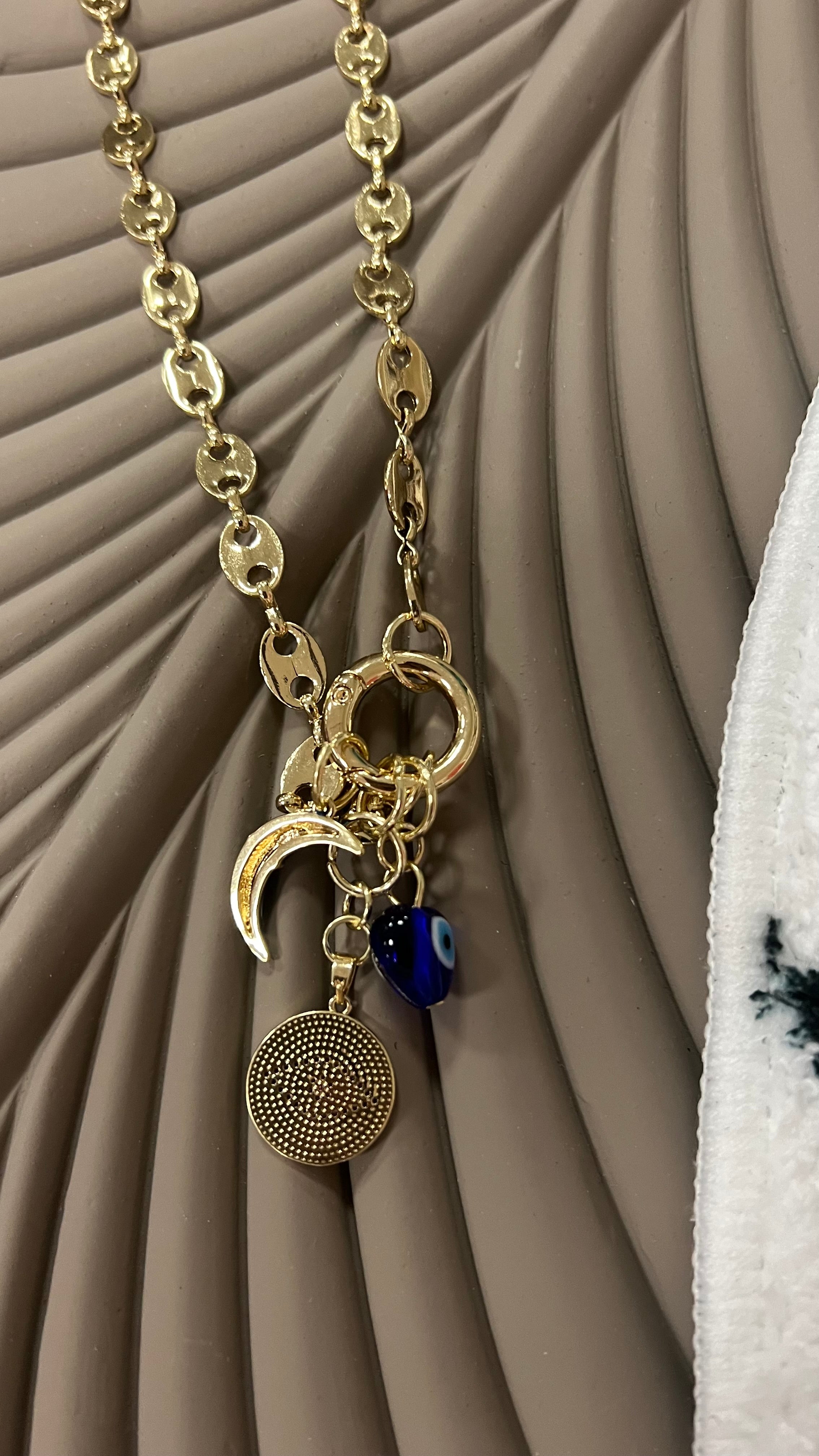 Necklace gold plated pendants blue evil eye heart, moon