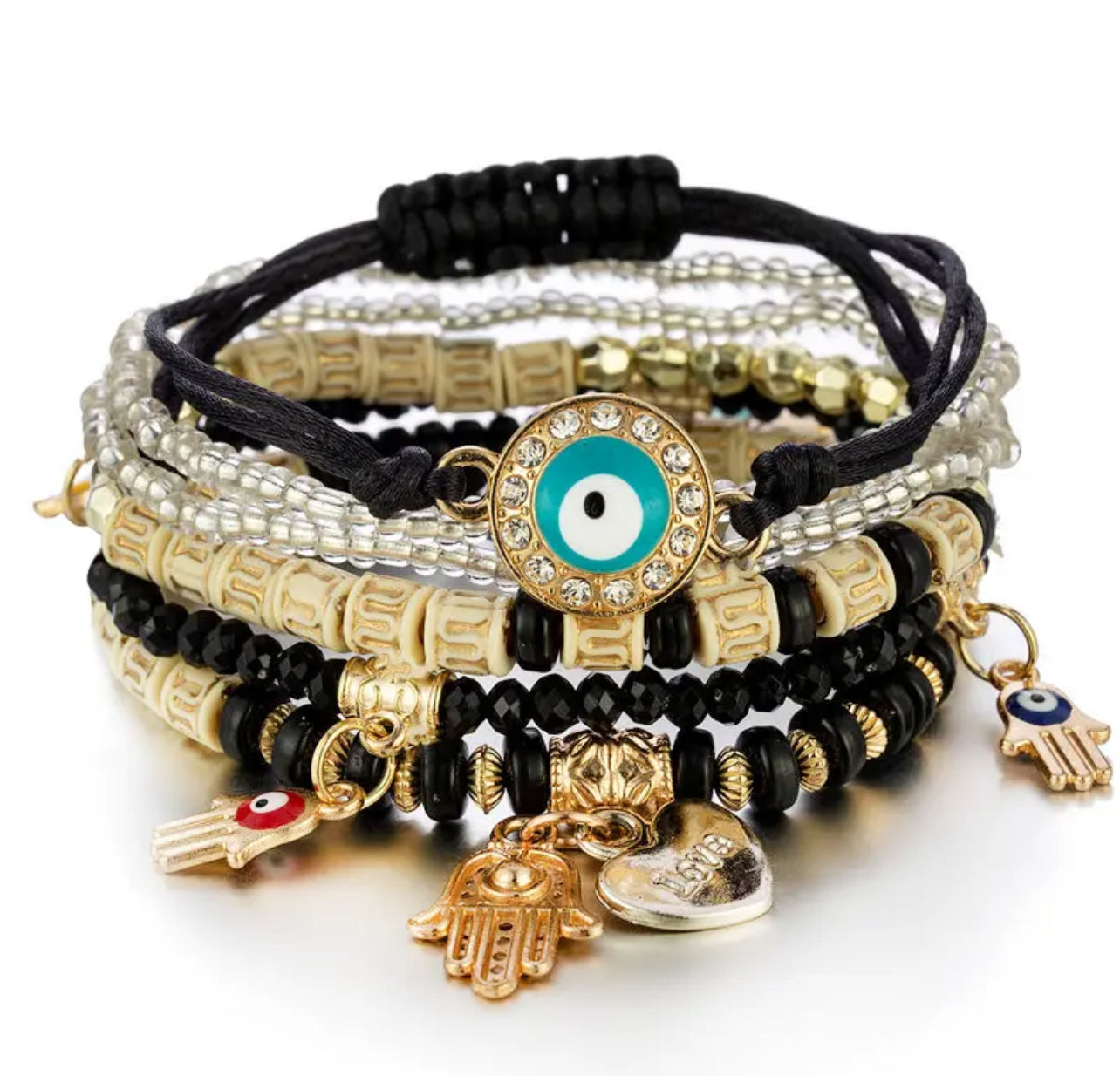 Karma & Luck bracelet set of 6 black beige evil eye
