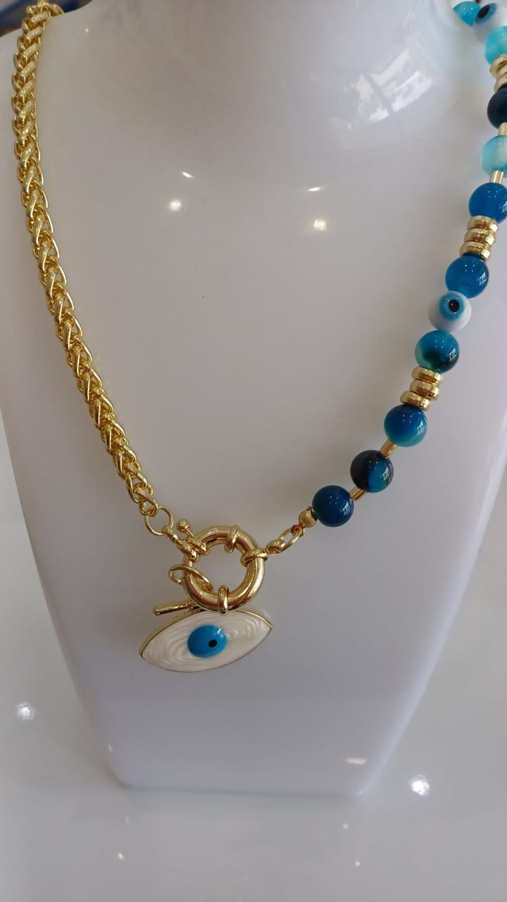 Necklace gold  blue evil eyes with pendant