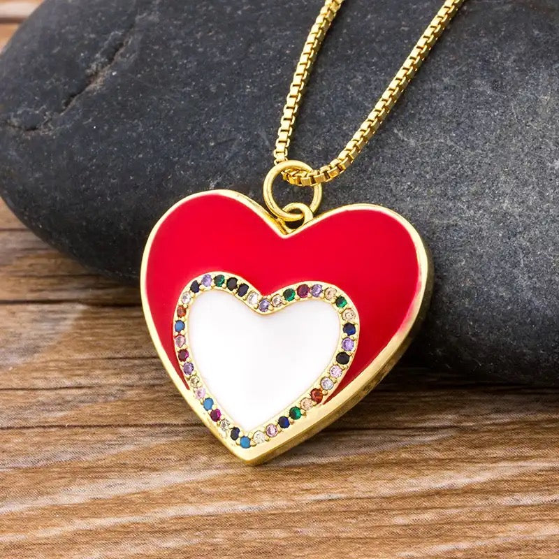 Necklace Doble Heart Red White