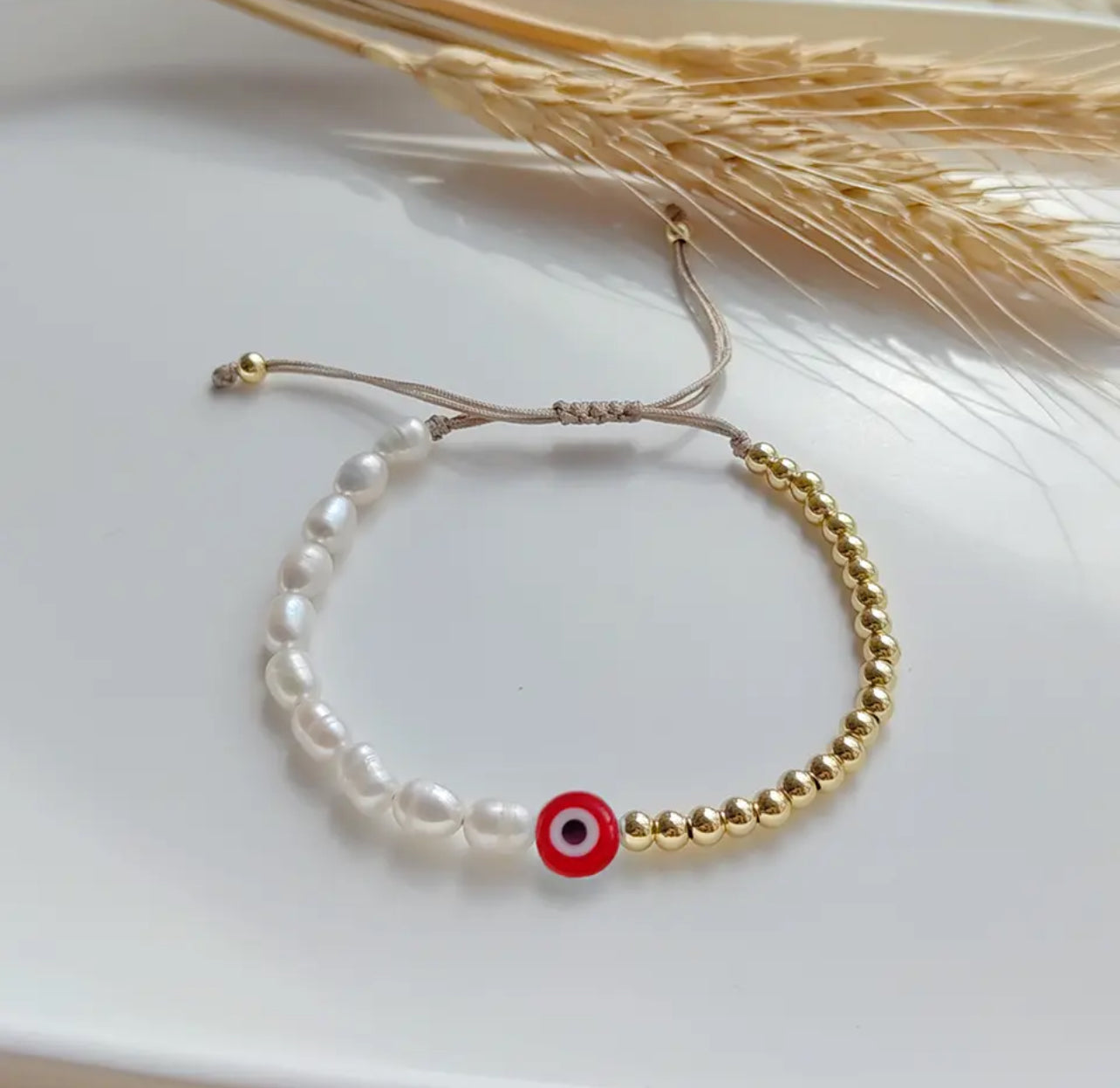 Bracelet pearls gold red evil eye Karma & Luck B11