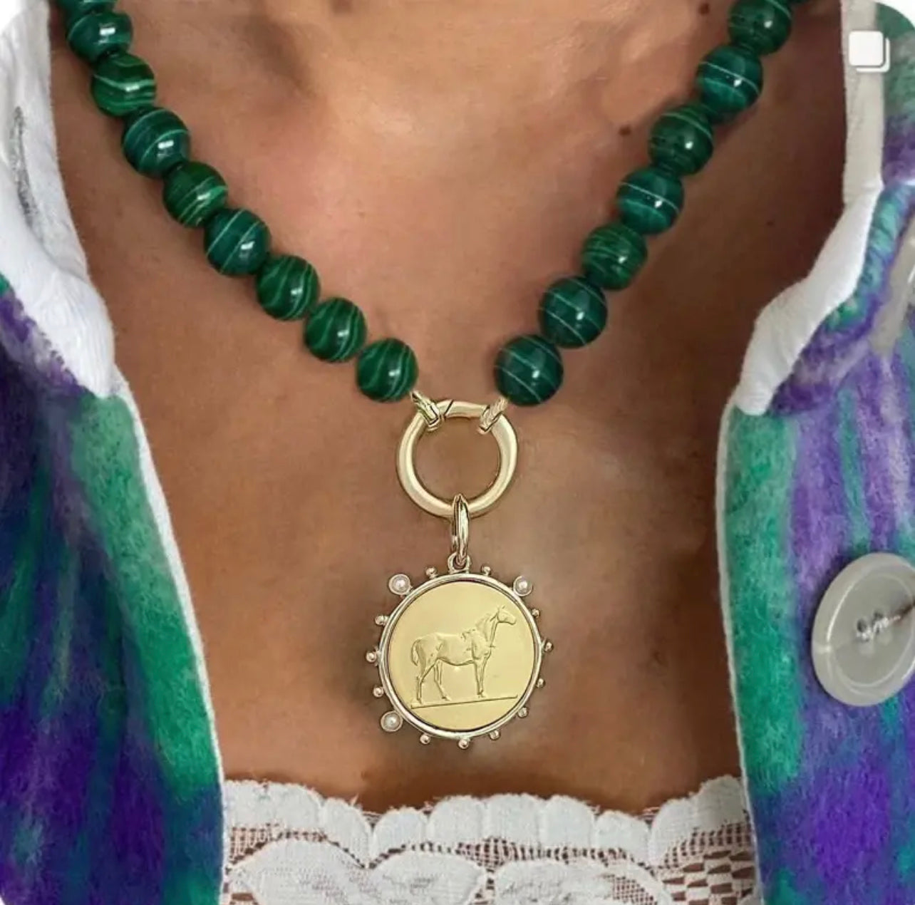 Necklace green pendant horse