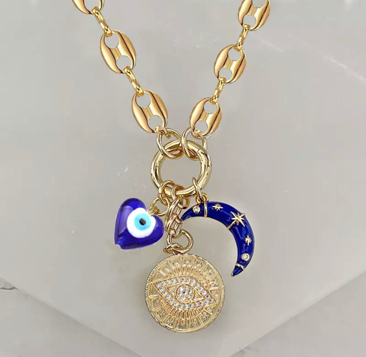 Necklace gold plated moon evil eye blue