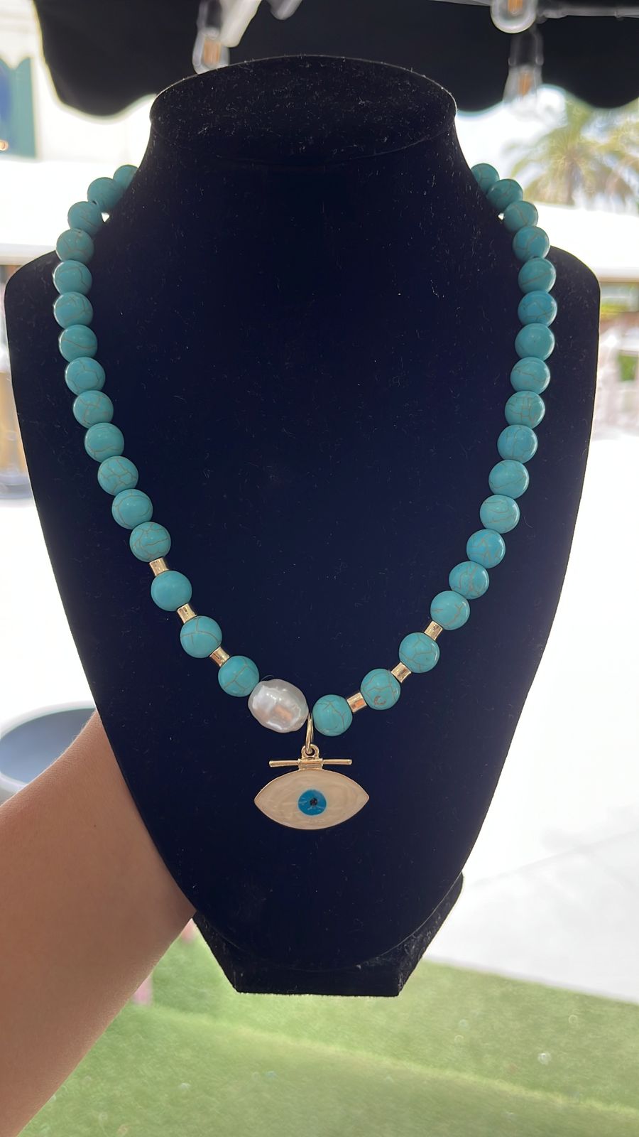 Blue necklace beads center pearl and evil eye pendant