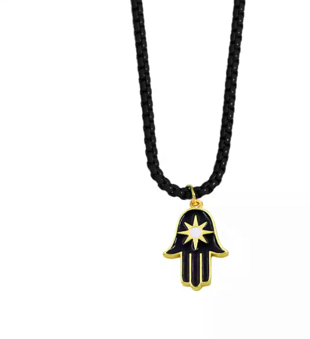 Necklace black with hamsa black pendant