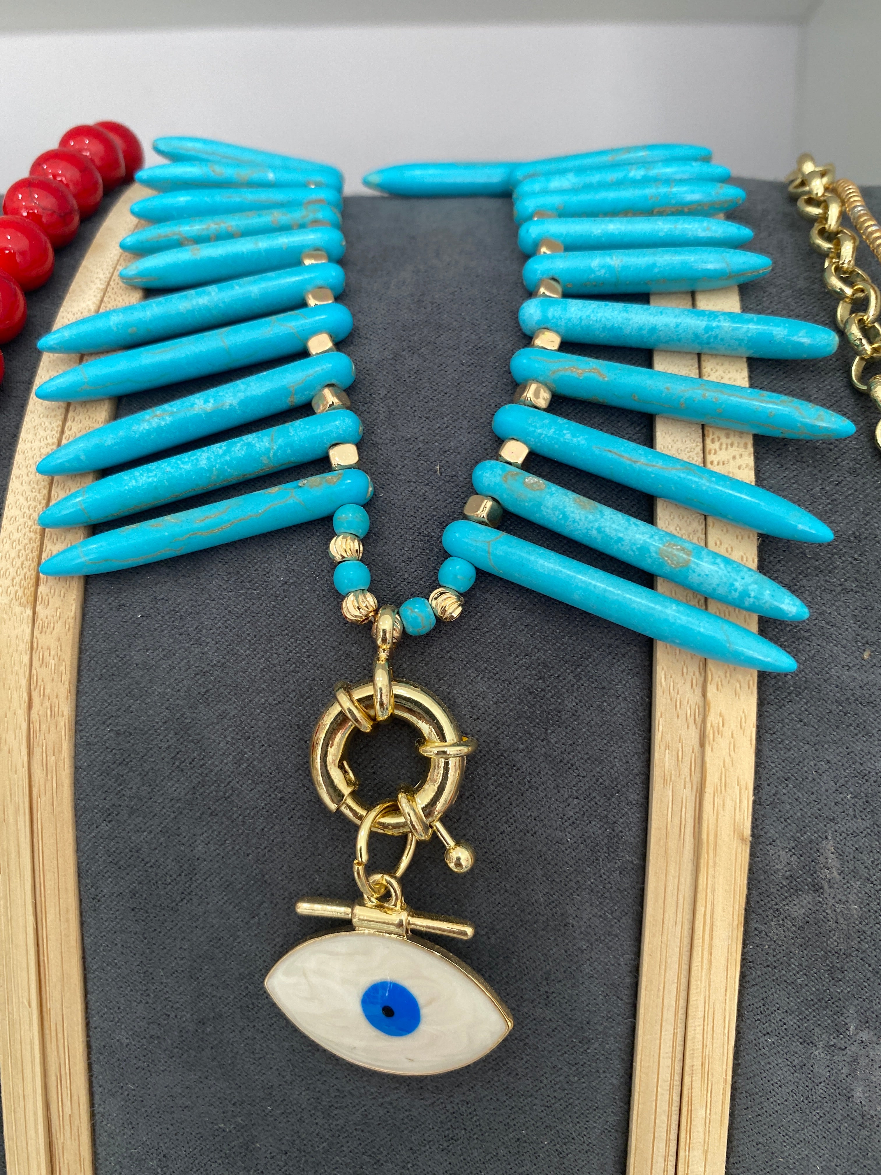 Necklace spike turquoise pukas with evil eye pendant