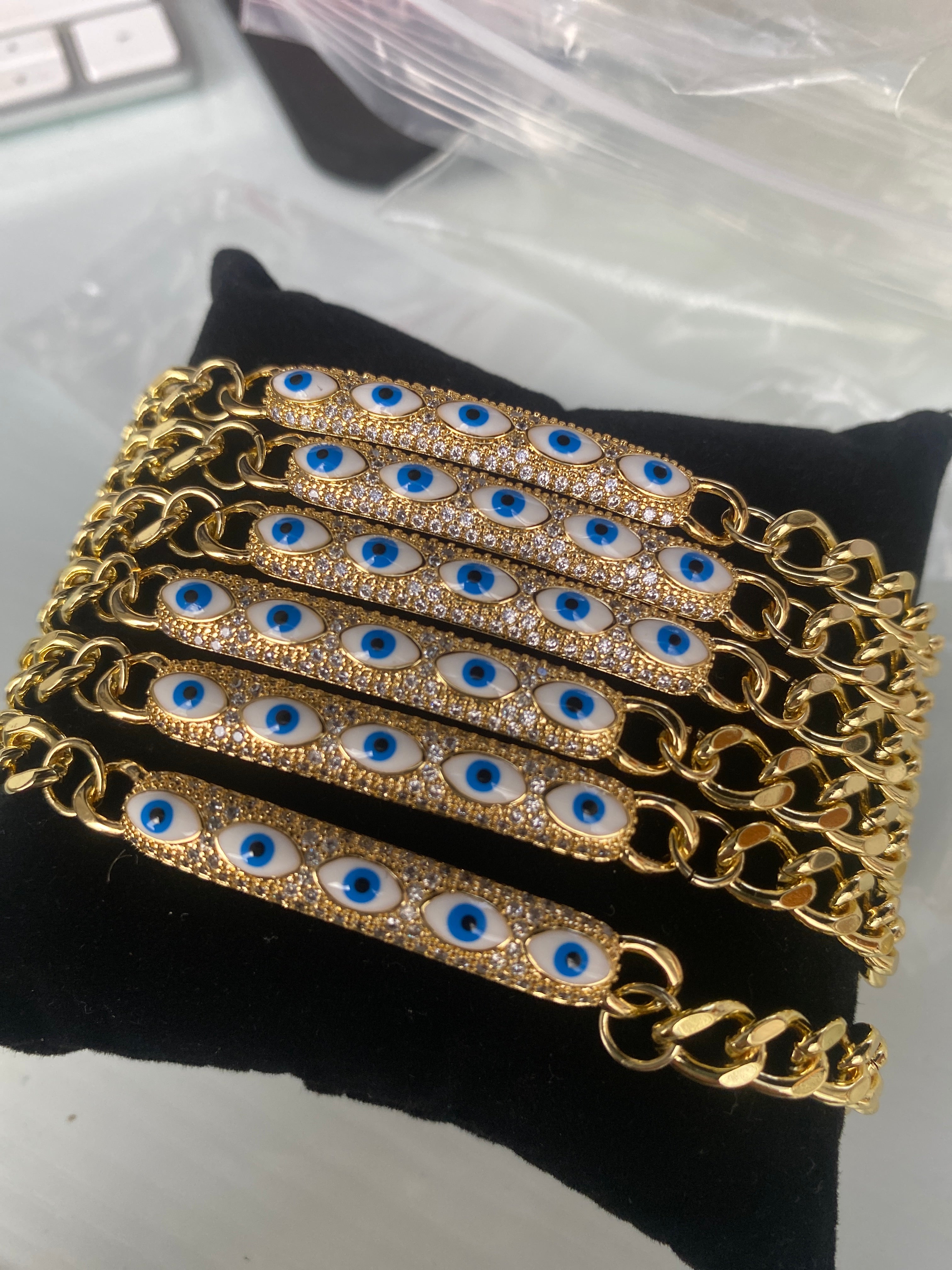 Karma and luck cuban chain bracelet gold plated rectangular evil eye