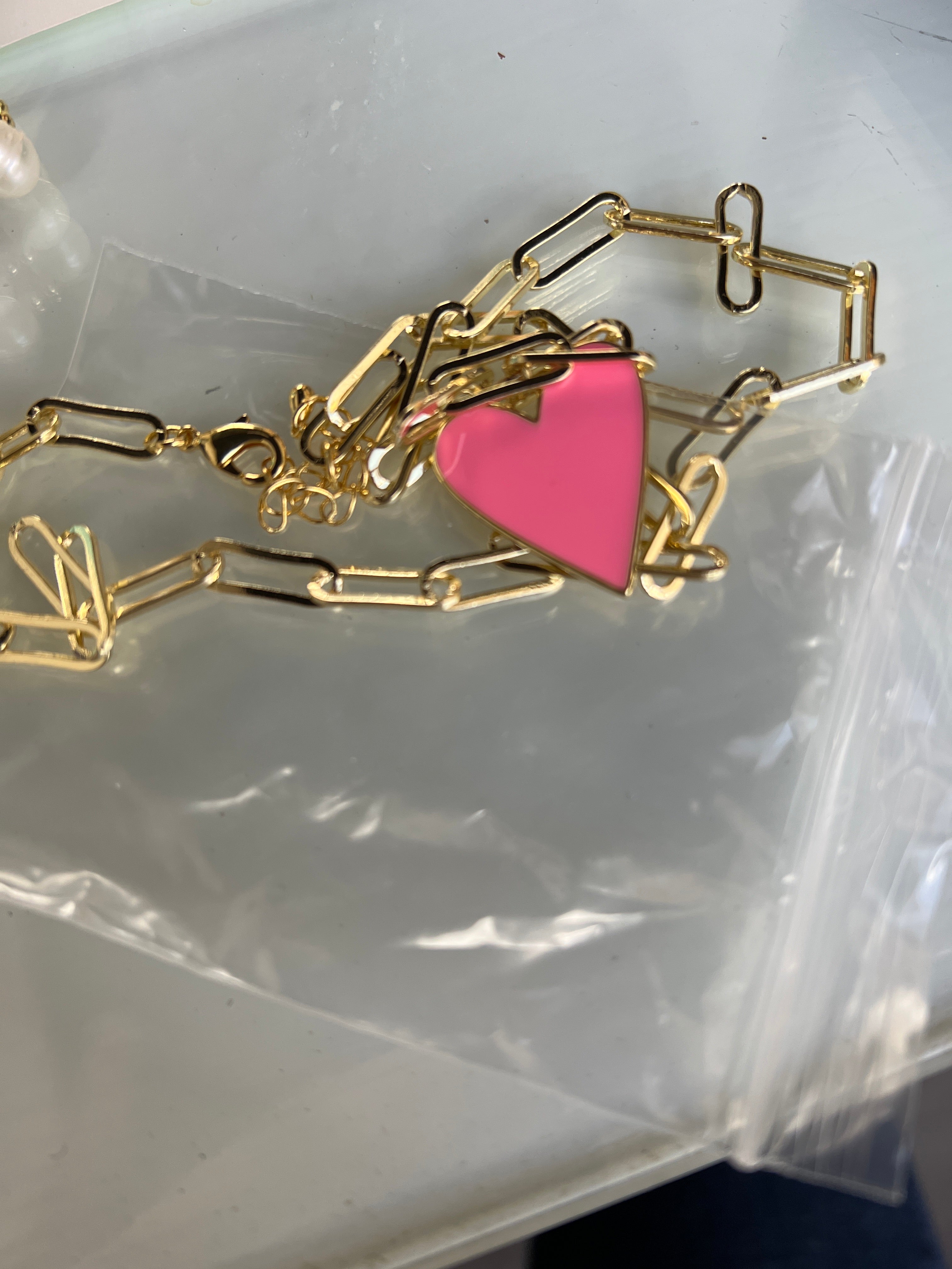 Necklace pink heart gold plated