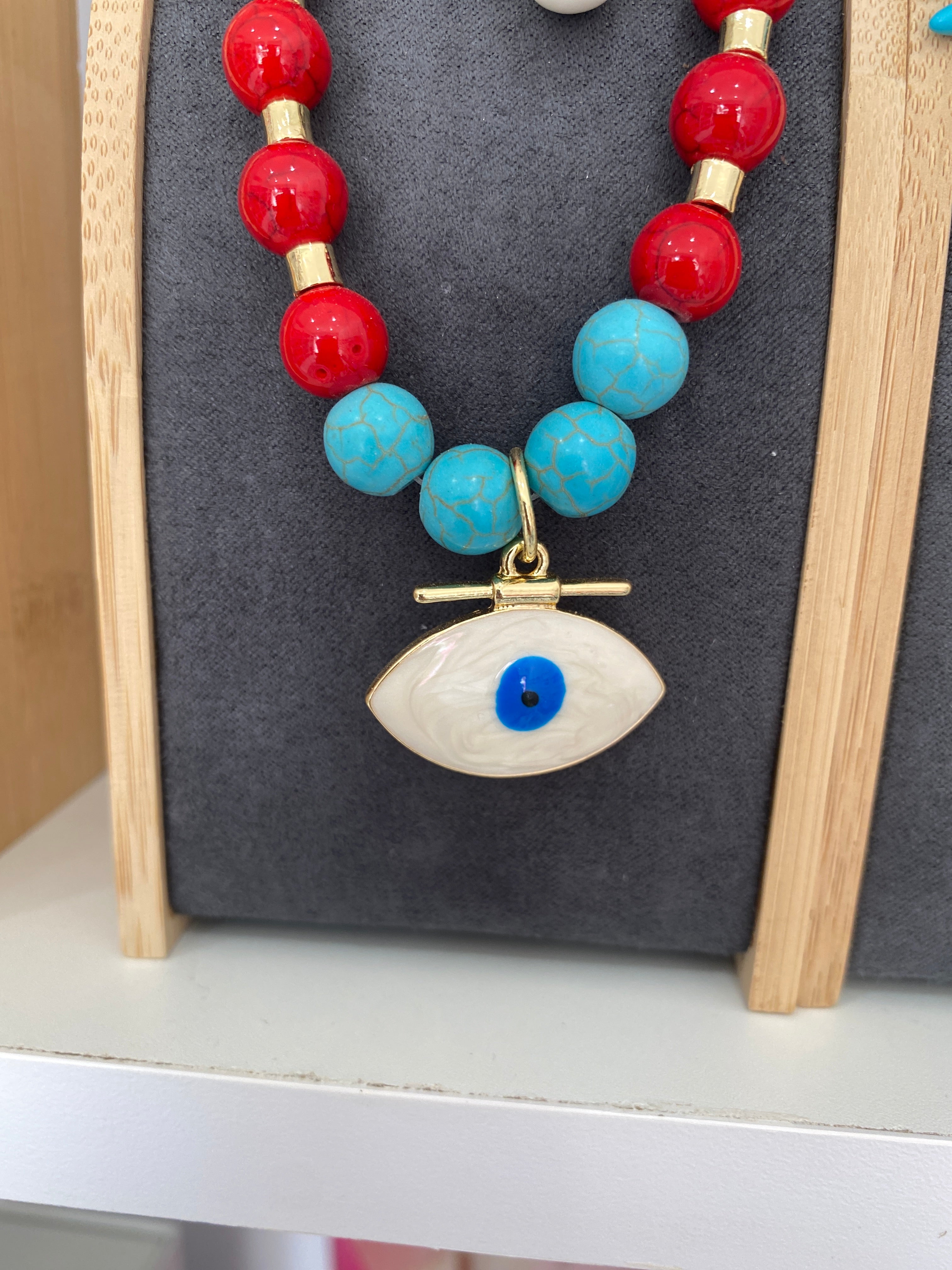 Necklace red turquoise with evil eye pendant