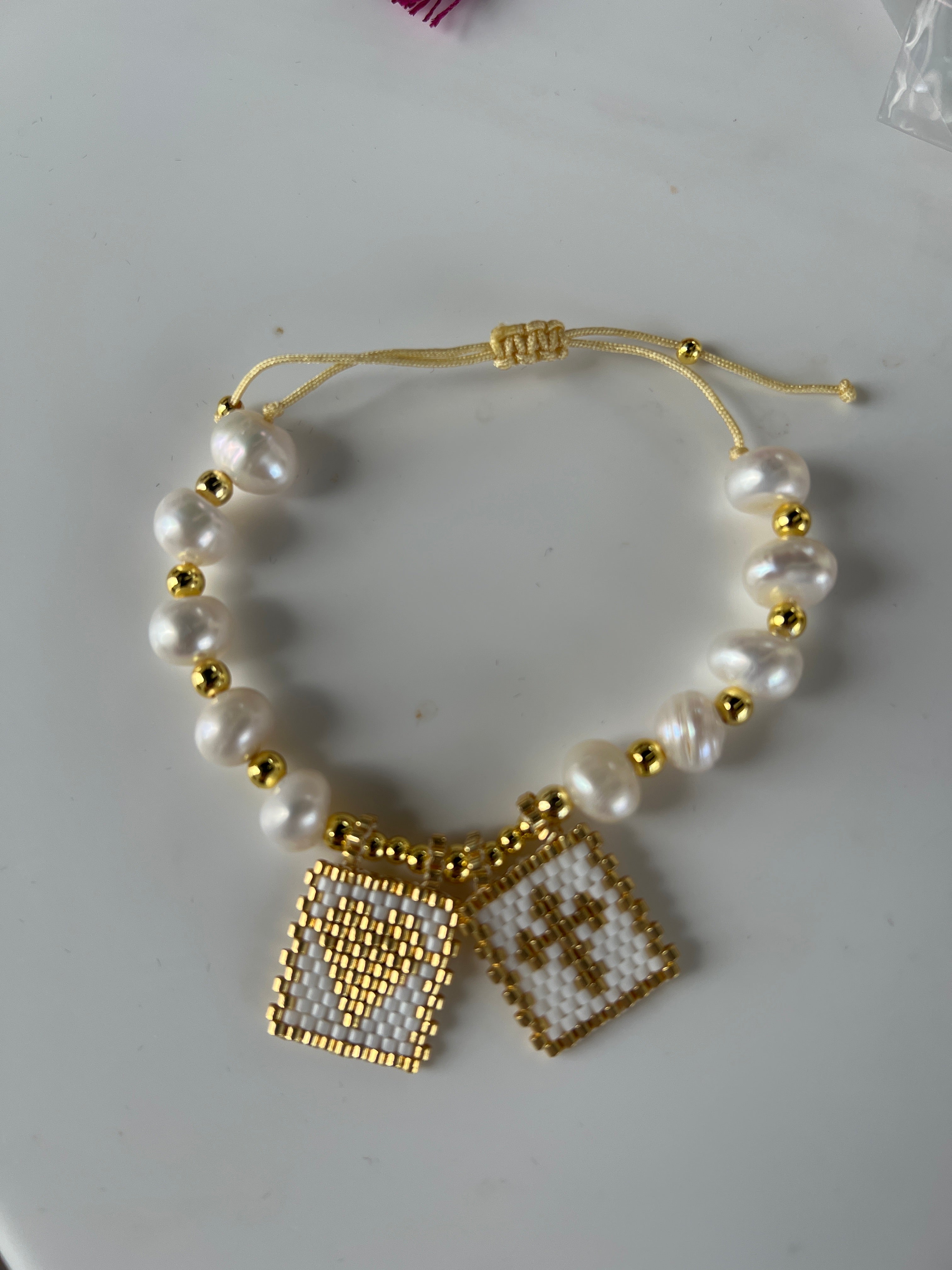 Pearl bracelet heart pendant miyuki and cross
